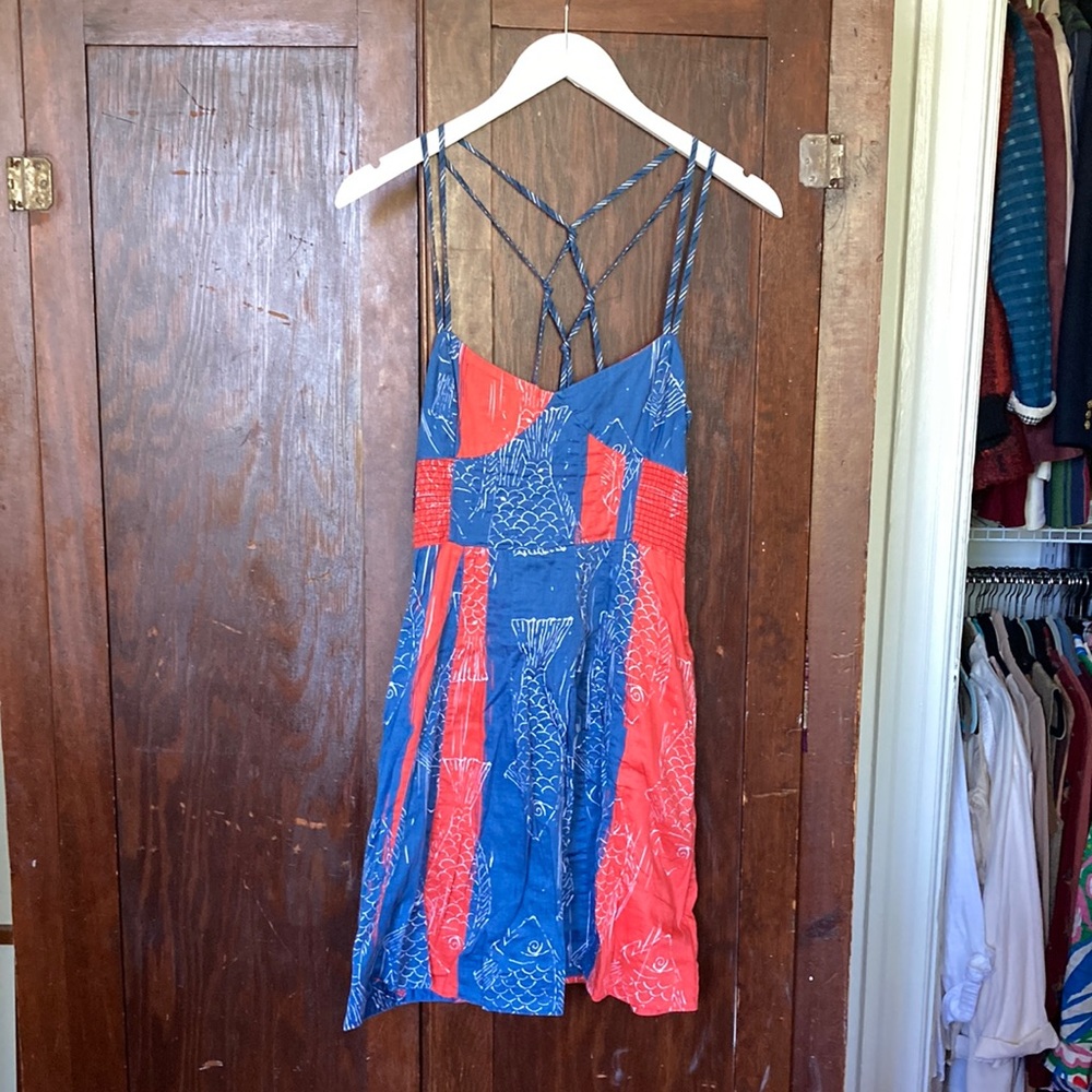 Red and Blue Fish Print Smock Dress